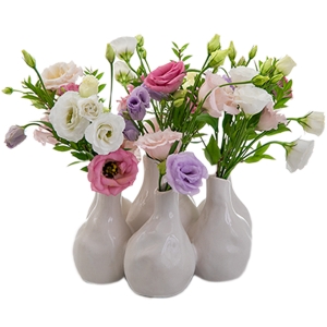 Τouching white vases with colorful lisianthus